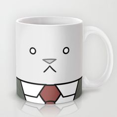 a white coffee mug with an image of a cat in a tie on it's face