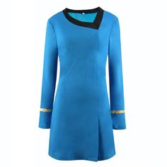 a women's blue dress with gold trimmings on the shoulders and sides