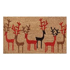 a door mat with deers and antlers in red on the front, black on the back