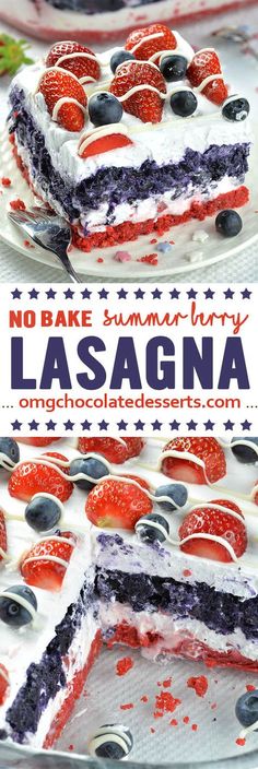 a red, white and blue cake with the words lasagna on it