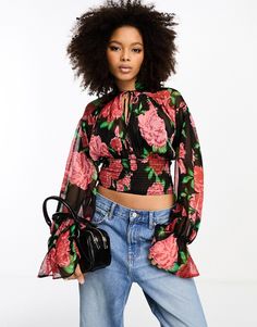 Top by ASOS DESIGN Waist-up dressing Floral design Tie neck Blouson sleeves Cropped length Regular fit Blouson Sleeve, Dark Rose, Print Trends, Rose Print, Sunglasses Shop, Tie Neck, Body Fit, Jeans Shop, Print Shop