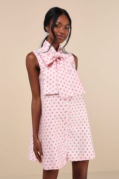 Canter Pink Heart Jacquard Tie Neck Button-Front Bow Mini Dress Pink Spring Dress With Bow Print, Sister Jane Dress, Spring Mini Dress With Bow Print, Pink Sleeveless Mini Dress With Bow Tie Back, Fitted Bow Print Mini Dress, Spring V-neck Mini Dress With Bow, Jane Dress, Fashion Inspiration Design, Dress 100