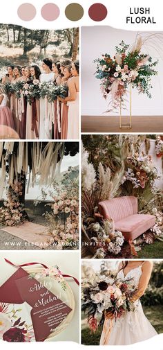 a collage of different wedding colors with flowers and greenery in the center, including pink