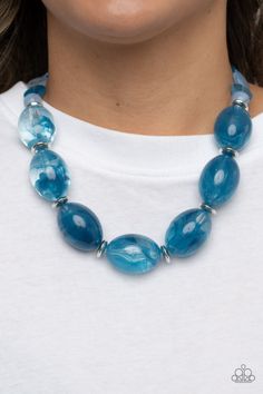 Featuring cloudy acrylic finishes, flat Mykonos Blue and Spring Lake discs alternate along an invisible wire, giving way to an oversized collection of cloudy oval Mykonos Blue beads for a dramatic pop of color below the collar. Features an adjustable clasp closure. Mykonos Blue, Mixed Metal Jewelry, Paparazzi Accessories, Spring Lake, White Necklace, Geometric Necklace, Black Necklace, Fish Hook Earrings, Paparazzi Jewelry