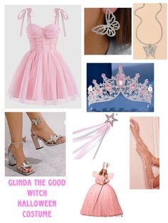 a collage of pink and silver items including shoes, tiara, necklaces and bracelets