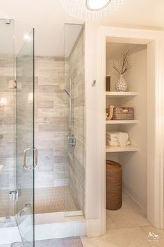 a walk in shower sitting inside of a bathroom