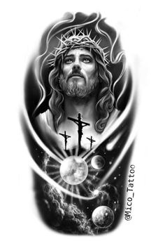 jesus with the cross tattoo design on his arm and chest, in black and white