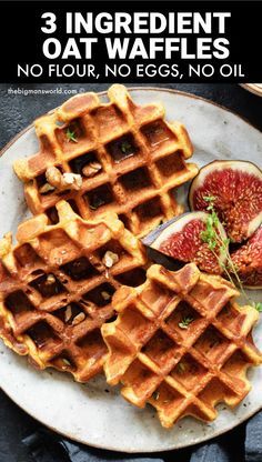 three ingredient oat waffles on a plate with figs, nuts and parsley