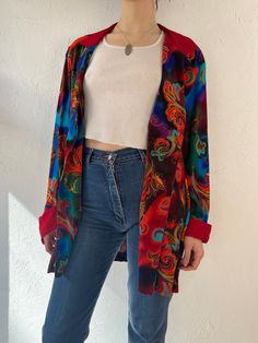 "- Vintage 1980s UXL abstract printed jacket - 100% viscose  - No closure - Made in Canada - Tagged 11  Chest: 22\" Length: 30.5\" Sleeve:  25\"" Vintage Multicolor Outerwear With Kimono Sleeves, Multicolor Oversized V-neck Outerwear, 80s Outfit Ideas, Vintage Multicolor Blouse With Abstract Print, Vintage Multicolor Long Sleeve Kimono, Vintage Multicolor Abstract Print Blouse, No Closure, Printed Jacket, 80s Outfit