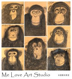 the monkey faces are drawn in pencil and then colored to look like they have different facial expressions