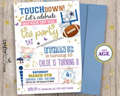 Joint Birthday Football Tea Party Invitation Touchdown Sibling Boy Girl Invitations - TwinsPrintable