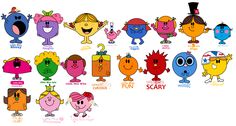 an assortment of cartoon characters with different facial expressions and names, all in various colors