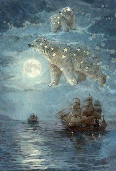 two polar bears are floating in the ocean with ships and stars on their backs as they look at the moon