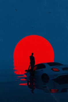 a man standing next to a white car in the water with a red sun behind it