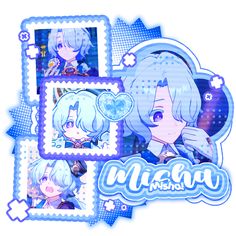 an anime character with blue hair and white hair, in the middle of four photos