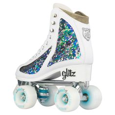 a white skateboard with sequins and blue wheels