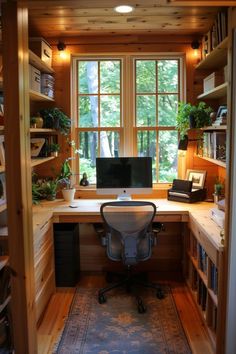 a home office with lots of bookshelves and plants in the window sill