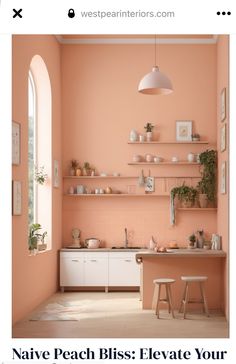 a pink kitchen with white cabinets and shelves on the wall is featured in westpainters com