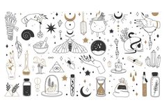 an assortment of hand drawn objects and symbols