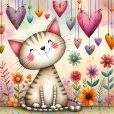 a painting of a cat with hearts hanging from it's sides and flowers in the background