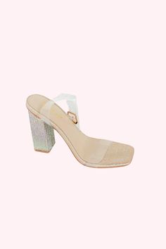 Champagne, Sparkly Heels Bedazzled Heel Clear Ankle Strap 4" Heel Square Toe SIZES: 5.5 6 6.5 7 7.5 8 8.5 9 10 Queen Status, Usa Baseball, Platform Heels Boots, Sparkly Heels, Sandal Platform, Blue And White Dress, Platform Sandals Heels, Bow Headband, Jewelry Bags