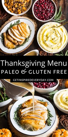 thanksgiving menu with turkey, mashed potatoes and cranberry sauce