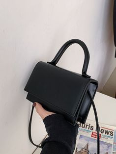 Black Fashionable   PU Leather Plain Square Bag    Women Bags Trendy Rectangular Mobile Phone Box Bag, Trendy Rectangular Box Bag For Mobile Phone, Rectangular Solid Color Shoulder Bag For Office, Rectangular Flap Bag With Mobile Phone Pocket For Shopping, Square Box Bag For Everyday Use, Elegant Solid Color Rectangular Box Bag, Square Solid Color Office Bags, Elegant Rectangular Solid Color Box Bag, Casual Rectangular Flap Bag For Office