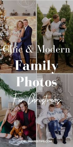 family photos with christmas tree and presents in the foreground, text overlay that reads graphic & modern family photos for christmas