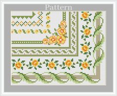 a cross stitch pattern with yellow flowers and green trimmings on a white background