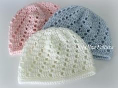 three crocheted hats are shown on a white background with the text, free pattern only