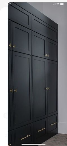 a large black cabinet with brass handles in a room