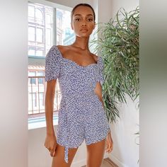 Nwt Lulu’s Sweet Sensation Blue Floral Romper - Size Xl! Perfect For Summer Days - From Brunch To Bbq’s Blue Short-length Jumpsuits And Rompers For Spring, Blue Floral Print Jumpsuits And Rompers For Day Out, Blue Floral Print Short Sleeve Jumpsuit, Blue Fitted Jumpsuits And Rompers For Brunch, Black Backless Jumpsuits, 2 Piece Jumpsuit, Lulu Pants, Floral Print Rompers, Backless Jumpsuit