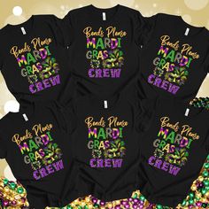 six t - shirts with mardi gras lettering on them and confetti