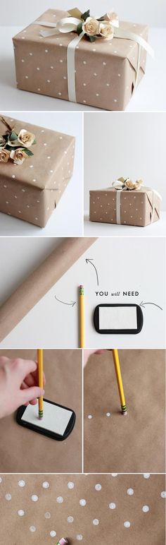 how to wrap a gift with wrapping paper and pencils - step by step instructions