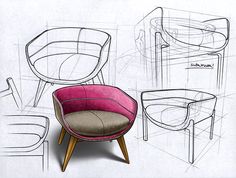 a drawing of various chairs and tables with one chair in the middle, another behind it