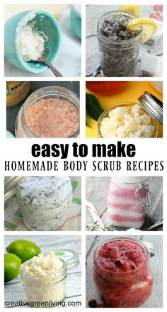 homemade body scrub recipe in mason jars with text overlay that reads easy to make homemade body scrub recipes