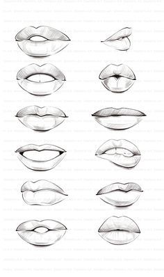 lips drawn in pencil with different shapes and sizes, all lined up to show the same amount