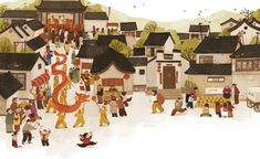 a painting of people walking in front of houses with dragon on the roof and other buildings behind them