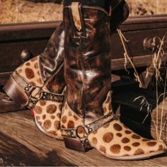 Freebird By Steven Boot Mohair Leopard Print Toe Rich Chocolate Brown Leather Shaft Leather Ankle Strap Beautifully Crafted Womens Cowboy Boots, Freebird Boots, Boots Leopard, Quality Leather Boots, Cognac Boots, Ankle Boots Dress, Black High Boots, Handcrafted Boots, Freebird By Steven