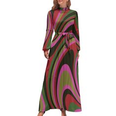 Get ready to groove in our Groovy Dress, a perfect embodiment of 70s Dress Style and the free-spirited vibe of the era. This 70s Maxi Dress features a captivating Abstract Multicolor Stripe pattern print, adding a playful and retro touch to your ensemble. The long A-line skirt and the Stripe Dress design capture the essence of the 70s style, exuding a carefree and bohemian spirit. Complete with a matching belt, this Hippie Dress allows you to define your waist and personalize your look. Step int Retro A-line Midi Dress For Fall, Retro Vintage Midi Dress, Retro Fitted Midi Dress, Retro Party Dress For Fall, Fitted Retro Midi Dress, Retro Fall Party Dress, Fall Party Retro Dress, Retro Long Dresses For Spring, Retro Long Dress For Spring