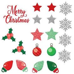 some christmas decorations and stars on a white background with the words merry christmas written in red