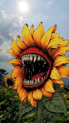 a large sunflower with its mouth open and teeth wide open in front of a cloudy sky