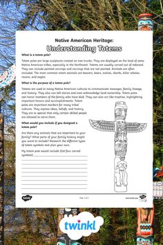 Totem Pole Activity is ideal for your kinesthetic learners who enjoy a hands-on approach to learning. This worksheet helps your children to explore the incredible history of totem poles.

Included with this Totem Pole Activity is a passage of text for your children to read. Children will learn about memorial totem poles, ceremonial totem poles, and family heritage totem poles. Totem Pole Craft, Native American Totem Poles, Native Americans Unit, Indigenous Studies, Native American Totem, Native American Heritage Month, American Indian History, Indigenous Peoples Day