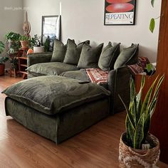 a living room filled with green couches and potted plants on top of hard wood floors