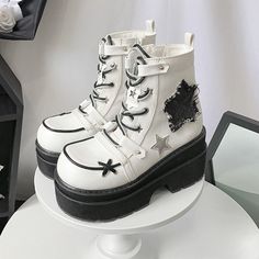 Color: Black•White•BlueMaterial: PU Platform height(cm)(inch) Heel-height(cm)(inch) 5/1.96 8/3.14 Size Guide Foot Length (CM) 22 22.5 23 23.5 24 24.5 25 25.5 EUR 35 36 37 38 39 40 41 42 US 5 6 7 8 9 10 11 12 UK 3 4 5 6 7 8 9 10 Winter Y2k, Star Decorations, Boot Types, Platform Ankle Boots, Black Platform, Martin Boots, Colored Denim, Resin Diy