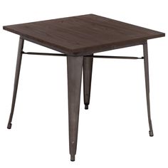 a square wooden table with metal legs