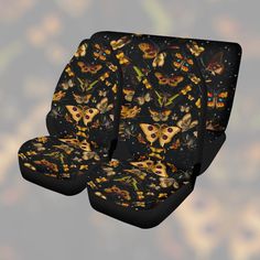 the seat covers are designed to look like they have butterflies on them and pizza slices