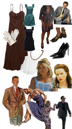 a collage of people dressed in vintage clothing and accessories, including hats, gloves, dresses, shoes, and sunglasses