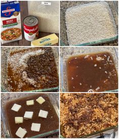 four pictures showing how to make an enchilada casserole with rice