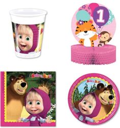 masha and the bear birthday party supplies including plates, napkins, cups and decorations